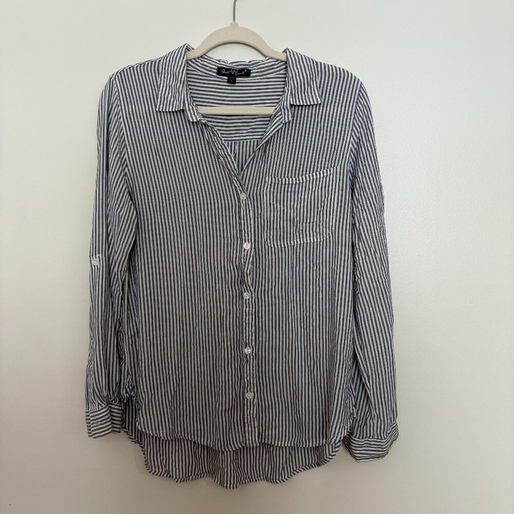Velvet Heart Gray & White Striped Button-Down | Roll Tab Sleeves | Size L